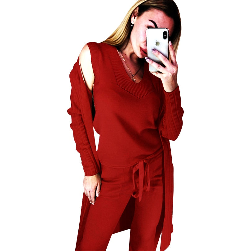 Autumn Knitted 3 Pieces Set Women Long Sleeve Cardigan and Sleeveless Pullover Tops and Pants Suits - LiveTrendsX