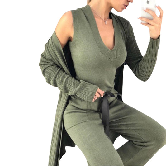 Autumn Knitted 3 Pieces Set Women Long Sleeve Cardigan and Sleeveless Pullover Tops and Pants Suits - LiveTrendsX