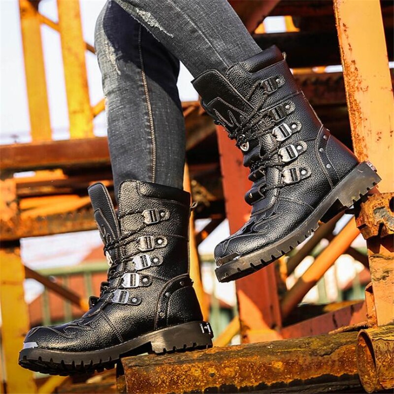 Mens Punk Retro Leather Motorcycle Boots