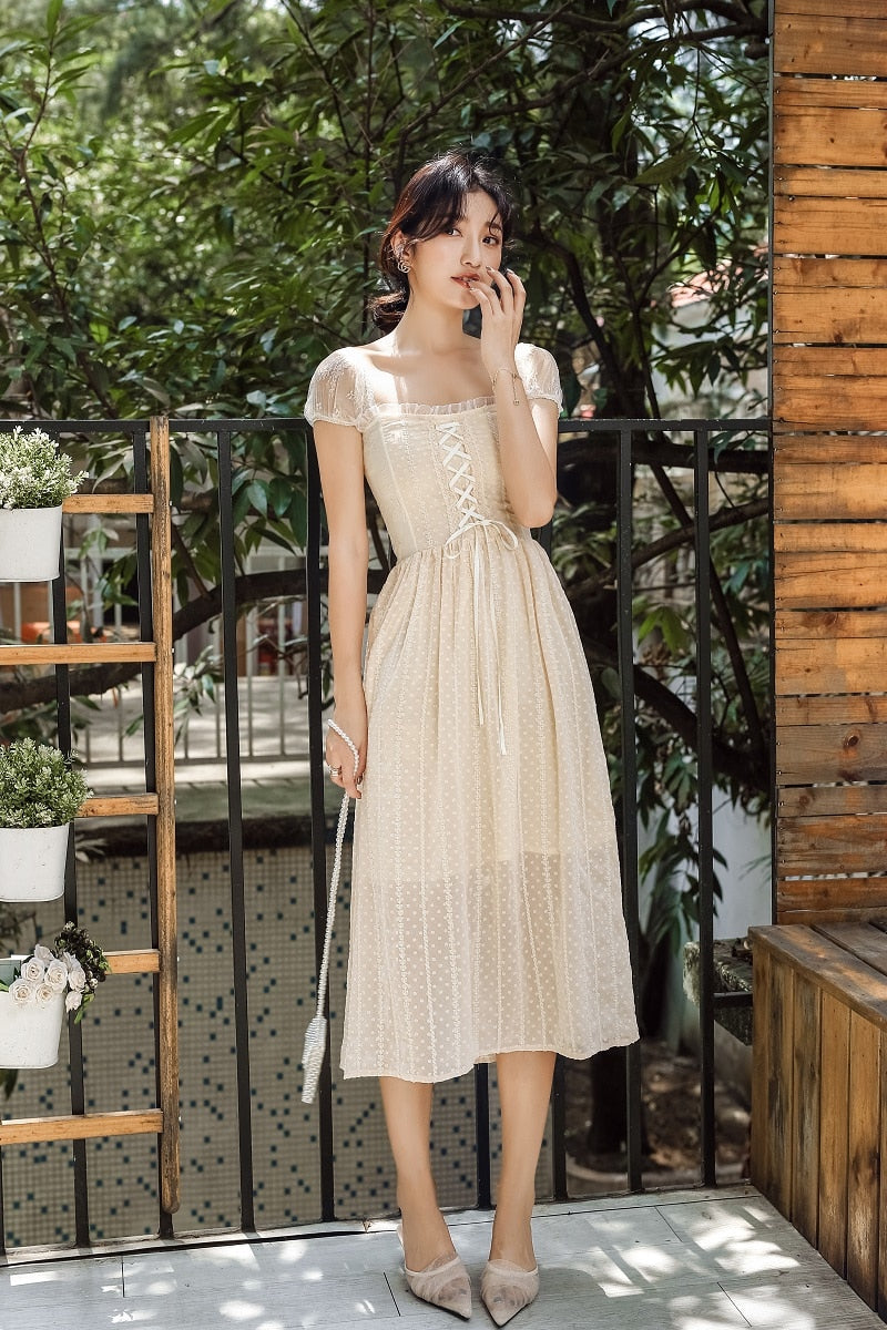 new fashion women's dresses Apricot lace short-sleeved dress French retro - LiveTrendsX