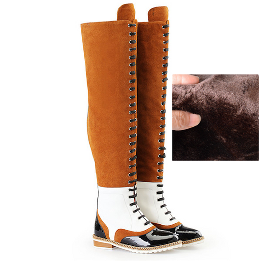 Retro Over The Knee Boots Women Genuine Leather Suede Long Boots Chain Cross-tied Flat Heel Boots Woman - LiveTrendsX