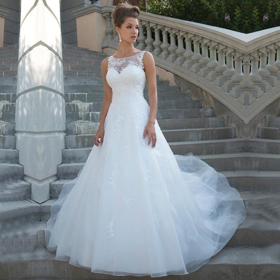 Elegant Scoop Neckline A-line Tulle Wedding Dress Lace Appliques Backless Boho Beach Bridal Gowns Sleeveless Vestido De Novia - LiveTrendsX