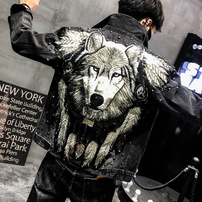 New  Punk Style Novel Wolf Embroidered Rivet Jean Jacket Men Denim Jackets Streetwear Slim Black Jacket for Men - LiveTrendsX