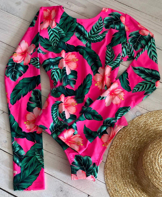 Long Sleeves Women One Piece Swimsuit Floral Swimwear Tropical Printed Monokini Backless Flamingo Bathing Suit Bodysuit Bain - LiveTrendsX