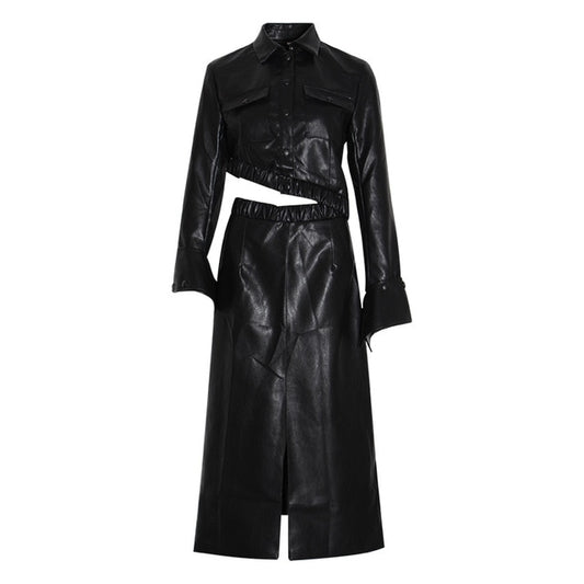 PU Leather Two Piece Set For Women Asymmetrical Flare Sleeves Coats Split High Waist Skirts Female Suits 2019 New - LiveTrendsX