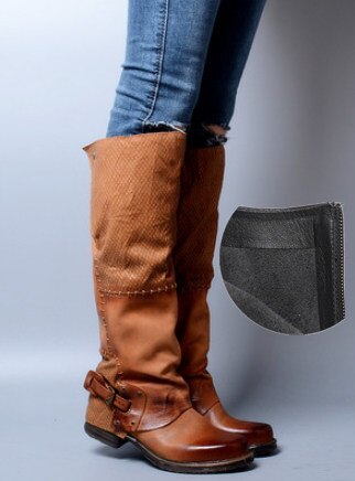 Winter Back Belt Buckle Strap Zipper Side Knee High Boots Real Leather Patchwork Square Toe Women Low Heel Boots - LiveTrendsX