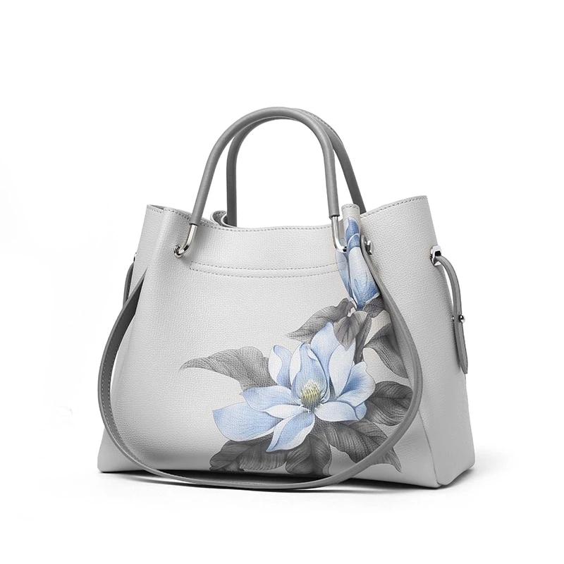 Vintage Floral Printing Ladies' split leather Handbag Large Capacity Women Shoulder bag - LiveTrendsX