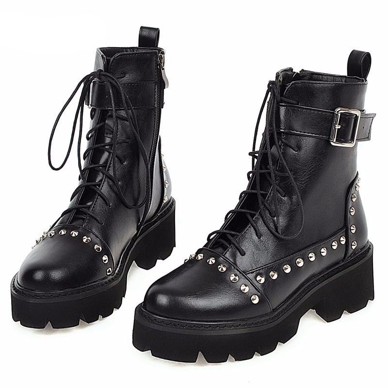 Sexy Rivet Military Boots Women Lace Up Black Leather Ankle Boots Mid Heel Goth Style Short Boots for Autumn High Quality - LiveTrendsX