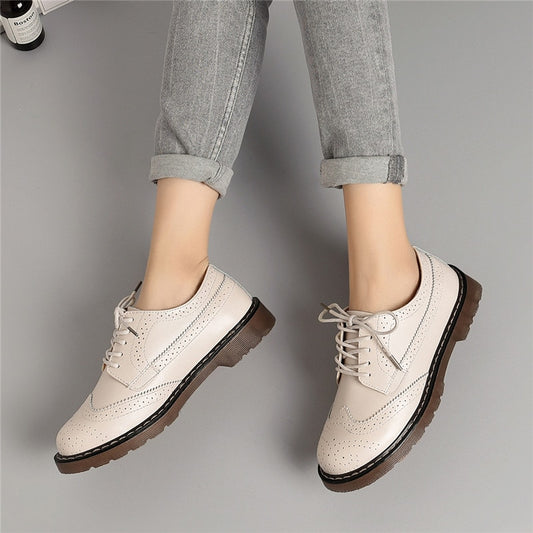 Women Oxford Flats Shoes Genuine Leather Vintage Casual Shoes Spring Autumn Lace up - LiveTrendsX