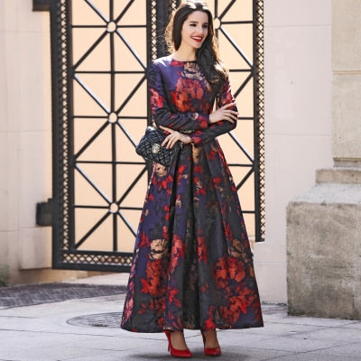 Plus Size Quality Muslim Women Long Sleeve Long Maxi Dubai Abaya Dress Fashion Floral Jacquard Dress Elegant Fall Vintage S-4XL - LiveTrendsX