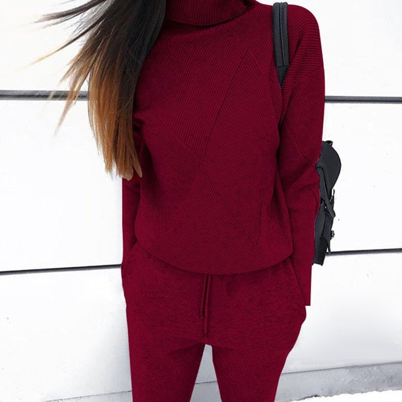 Woman Sweater Suits Casual  Knit Tracksuit Turtleneck Pullovers+pants Two Piece Sets Female Outfits - LiveTrendsX