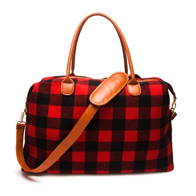 2pcs Lot Flannel Buffalo Plaid Duffle Bag Red Plaid Weekender Bag Large Capacity Overnight Bag - LiveTrendsX