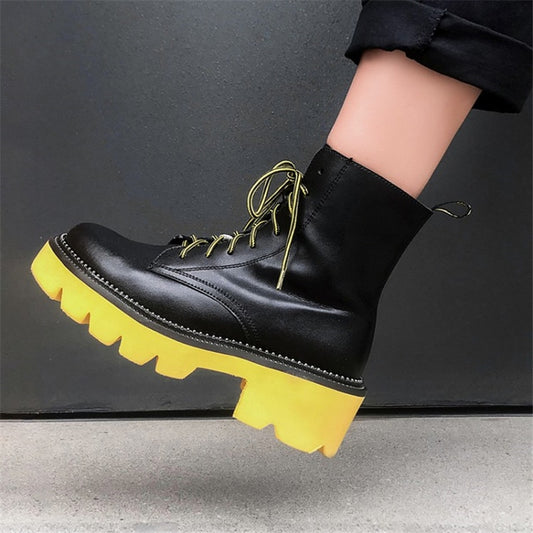 Women's Female Ankle Boots Flat Shoes Winter Genuine Leather Lace Up Shoes Punk Plus Riding Botines Mujer - LiveTrendsX
