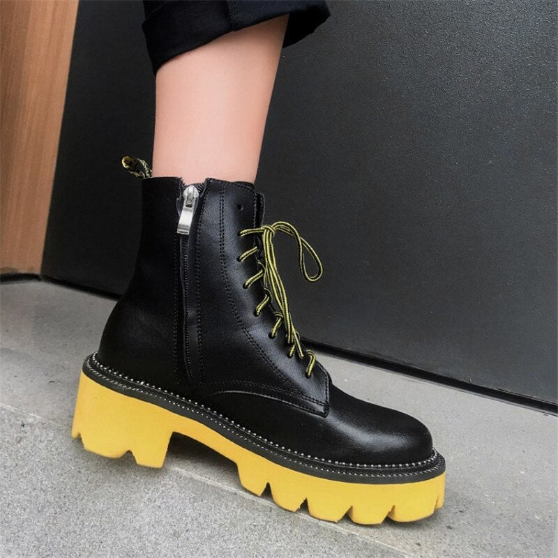 Women's Female Ankle Boots Flat Shoes Winter Genuine Leather Lace Up Shoes Punk Plus Riding Botines Mujer - LiveTrendsX