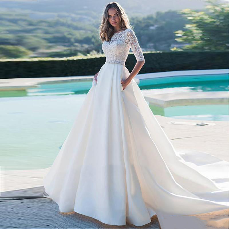 Princess Wedding Dress Half Sleeves Elegant Appliqued A-Line Bride Dresses With Pockets Boho Wedding Gown 2020 - LiveTrendsX