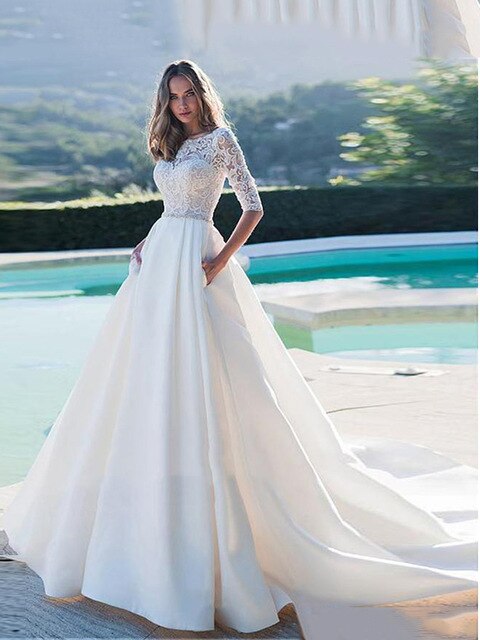 Princess Wedding Dress Half Sleeves Elegant Appliqued A-Line Bride Dresses With Pockets Boho Wedding Gown 2020 - LiveTrendsX