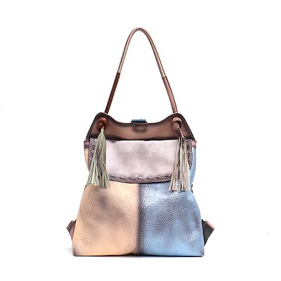 SC Genuine Leather Large Flap Shoulder Bag For Women Vintage Style Leather Patchwork Ladie Tassel Backpack Femal Casual Knapsack - LiveTrendsX
