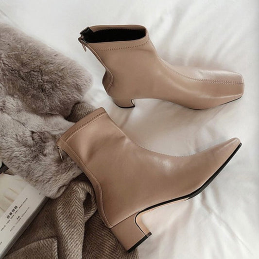 Black PU Leatehr Short Combat Boots Chunky Middle Heel Autumn Women Zipper Martin Boots Ankle Boots For Women - LiveTrendsX