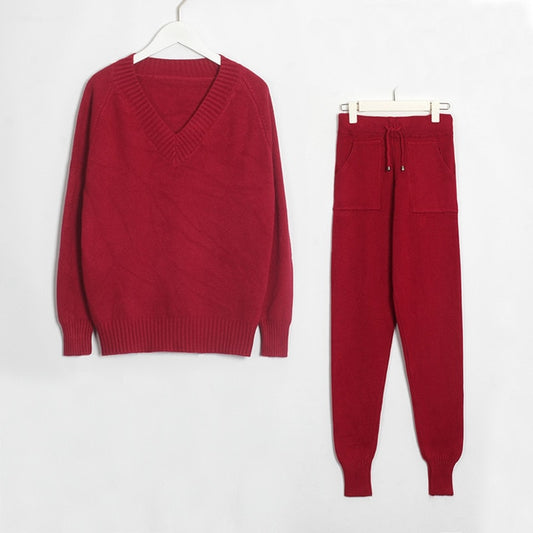 Sweater Suit and Sets Casual V Neck Sweaters Tops+Pockets Long Pants Solid Two Pieces Sets 2019 Autumn Winter - LiveTrendsX