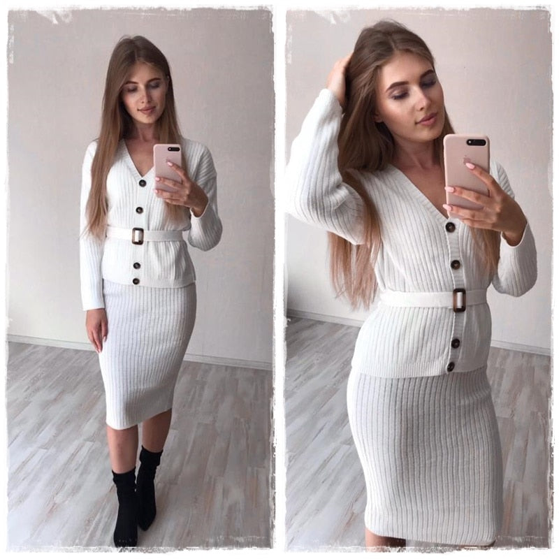 women knitted sweater dress Elegant autumn winter two pieces skirt suit White long sleeve female cardigan midi dresses - LiveTrendsX