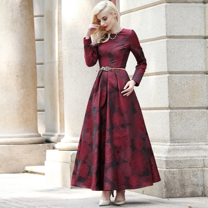 Women's Long Sleeve Long Maxi Autumn winter Dress Elegant Burgundy Floral Jacquard lady Fall Dress Boho Vintage Fashion Plus size - LiveTrendsX