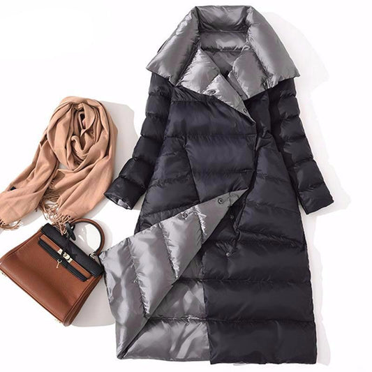 Women Double Sided Down Long Jacket Winter Turtleneck White Duck Down Coat Double Breasted Warm Parkas Snow Outwear - LiveTrendsX