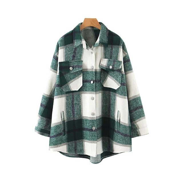 women plaid oversized jacket checkered pockets loose style long sleeve coat female outwear warm causal tops CA557 - LiveTrendsX