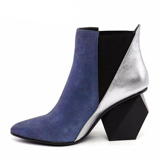 Chunky Pointed Toe Booties Short Winter Brand Women Boots Genuine Leather Fur Shoes Blue High Heel Chelsea Strange Slip On Ankle - LiveTrendsX