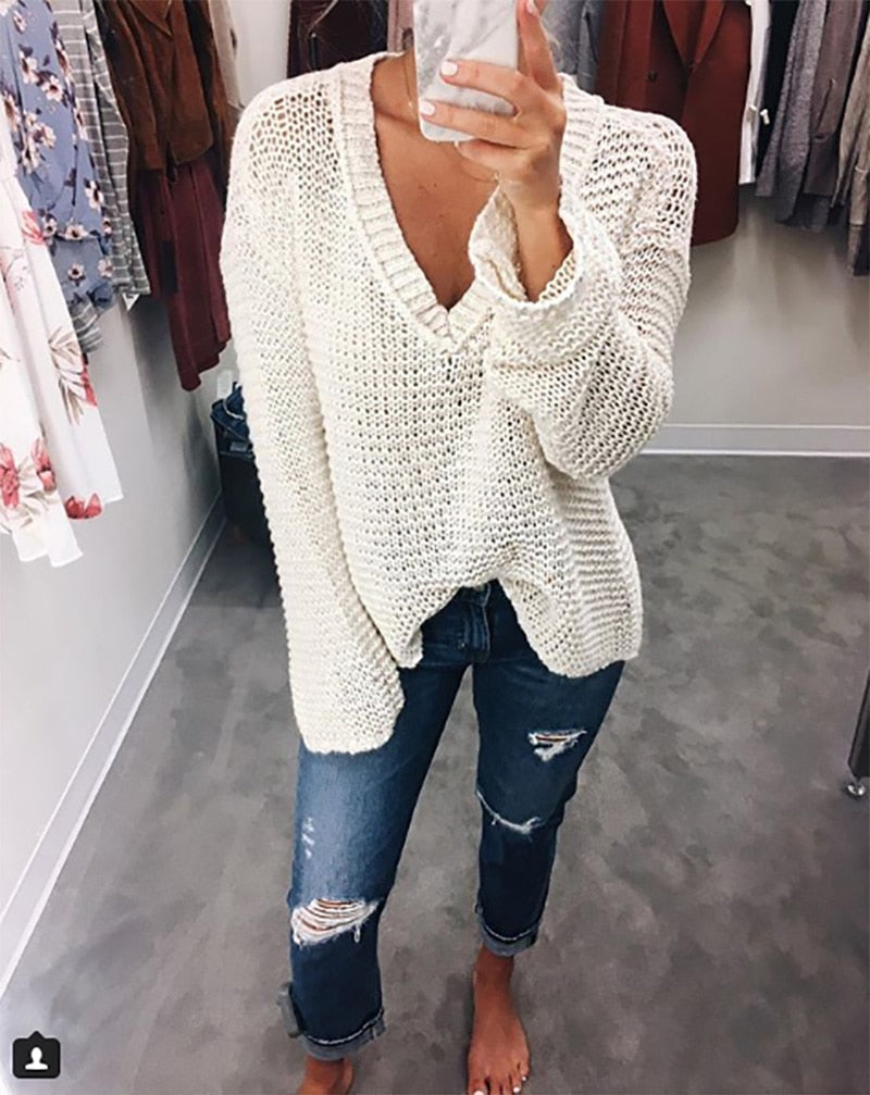 Women V Neck Loose Hollow Out Knitwear Sweater Sexy White Jumper