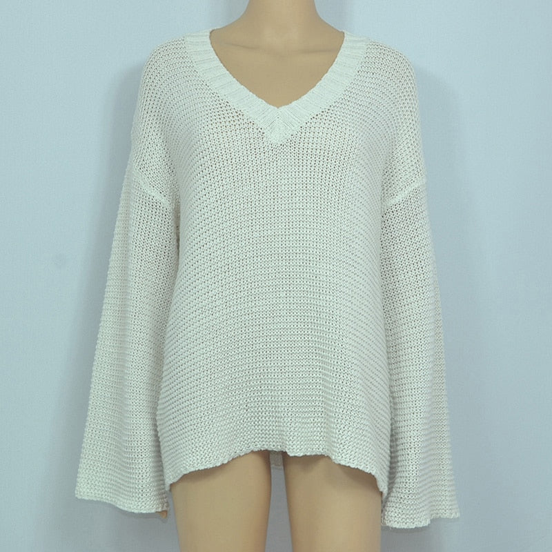 Women V Neck Loose Hollow Out Knitwear Sweater Sexy White Jumper