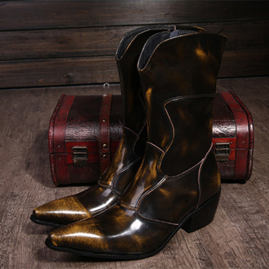 Winter Autumn Men Genuine Leather Long Boots Brown Pointed Toe Cowboy Mid Calf Boots Man Western Middle Boots - LiveTrendsX