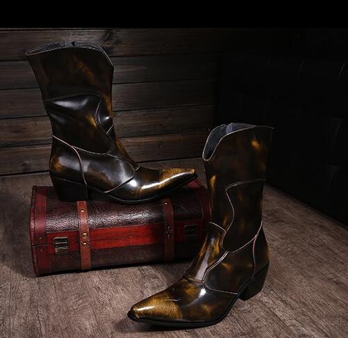 Winter Autumn Men Genuine Leather Long Boots Brown Pointed Toe Cowboy Mid Calf Boots Man Western Middle Boots - LiveTrendsX