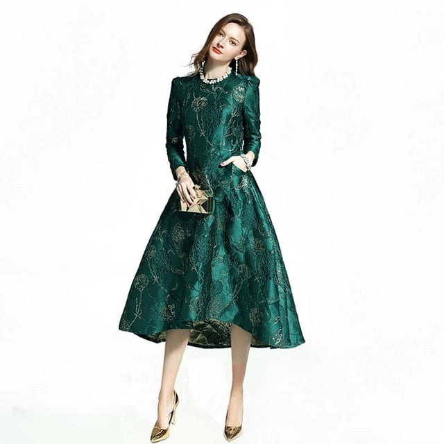 Women Fashion Long Sleeve Autumn Winter Dress Party Floral Elegant Jacquard Lady Celebrity-inspired swallow tail Dress - LiveTrendsX