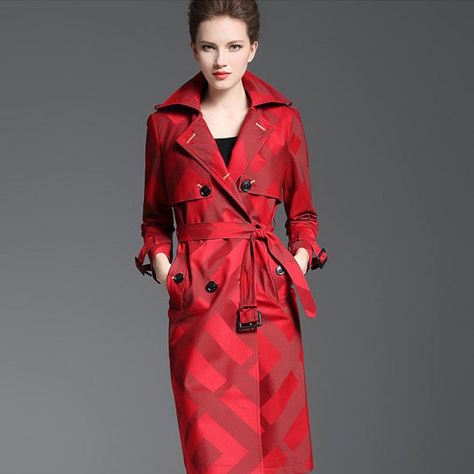 Women's Quality Trench Overcoat Spring Autumn Long  Plaid Pattern Belt Button Waist Slim Coat Female Polyester Red Lapel Trench - LiveTrendsX