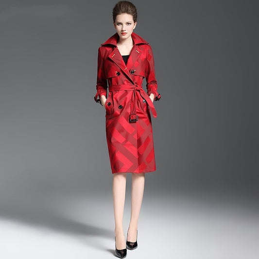Women's Quality Trench Overcoat Spring Autumn Long  Plaid Pattern Belt Button Waist Slim Coat Female Polyester Red Lapel Trench - LiveTrendsX