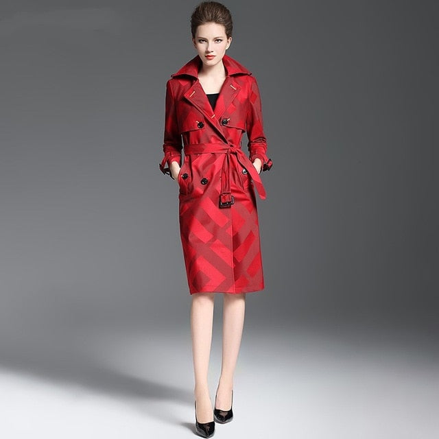Women's Quality Trench Overcoat Spring Autumn Long  Plaid Pattern Belt Button Waist Slim Coat Female Polyester Red Lapel Trench - LiveTrendsX