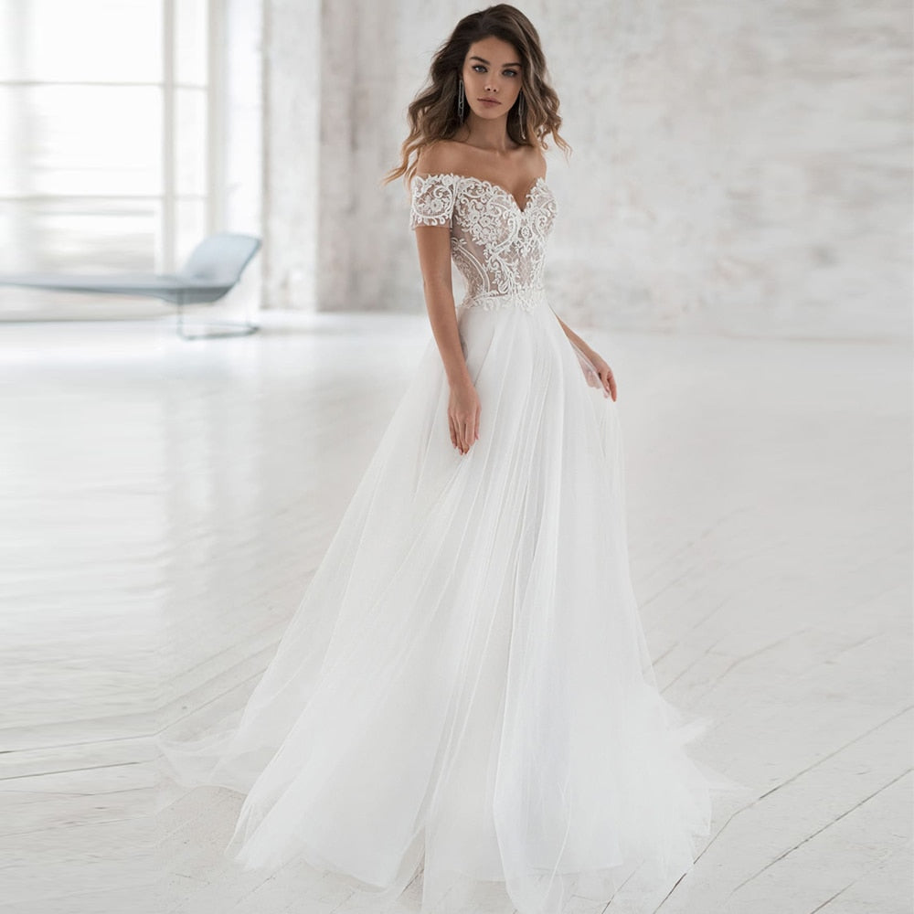 Elegant Off-shoulder Bohemian Wedding Dresses  Custom Made Soft Tulle A-line Lace Bridal Gown Vestidos de Novia - LiveTrendsX
