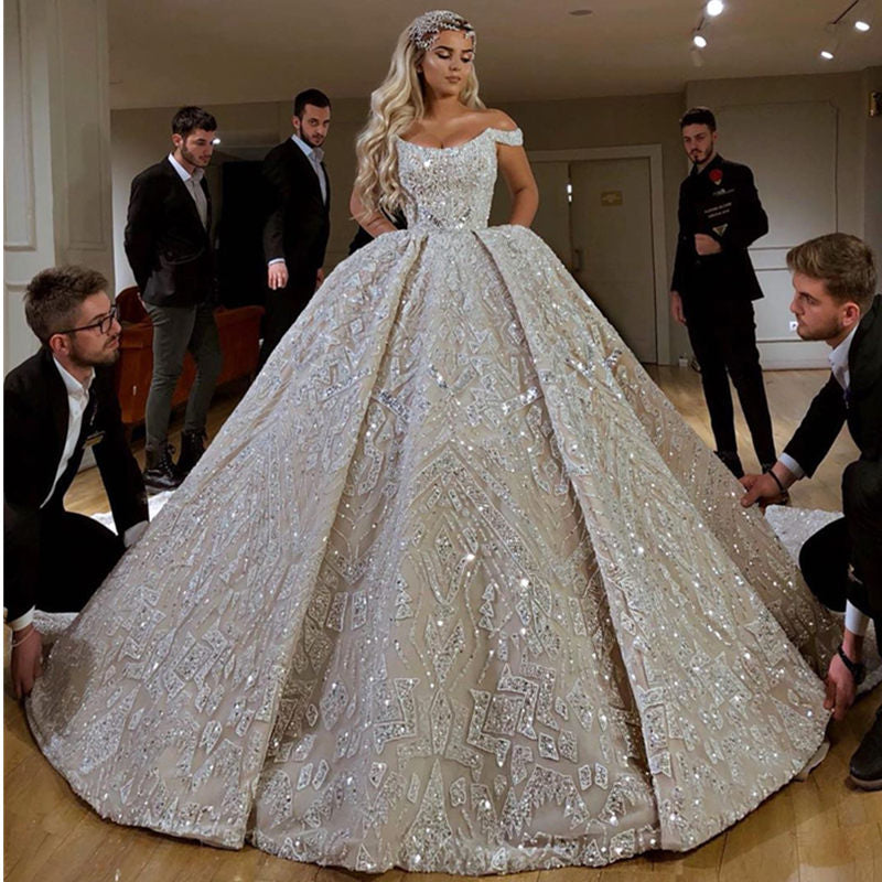 Robe De Mariee Luxury Full Beaded Ball Gown Wedding Dress in Dubai Scoop Neckline Off Shoulder Wedding Gowns with Court Train - LiveTrendsX
