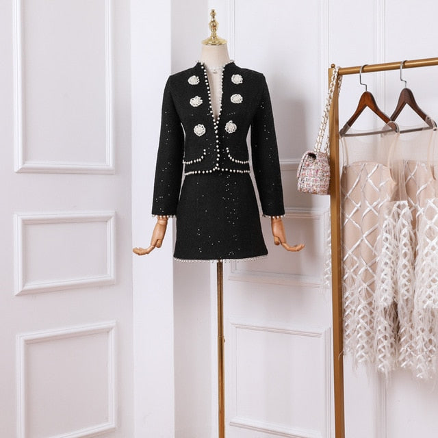 Women's Two Piece Set  Autumn Winter Clothes Elegant Black Crop Top Pearl Beaded Tweed Jacket and Mini Skirt Suit Set - LiveTrendsX