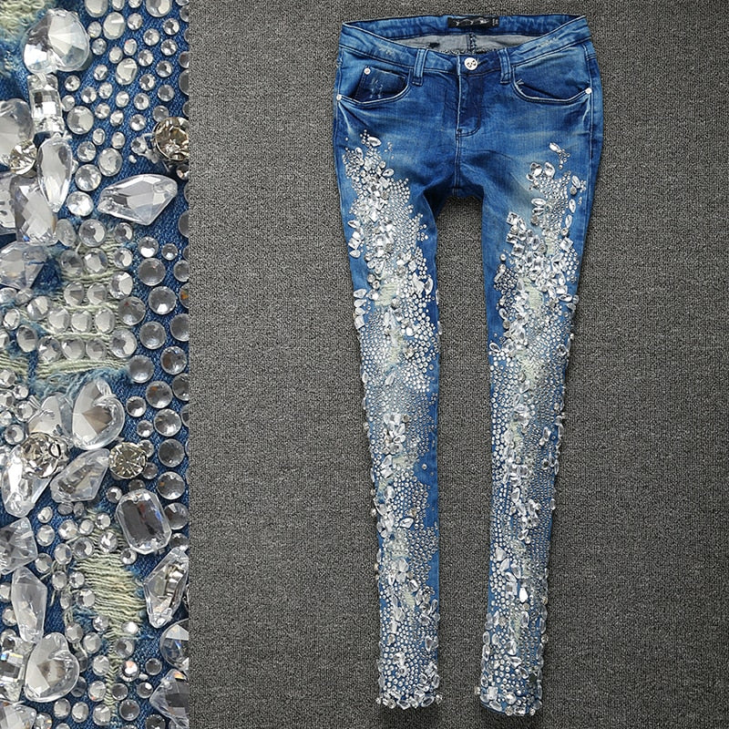 spring autumn fashion Rhinestones Diamond skinny Women Denim Jeans Skinny Slim Stretch Pencil jeans - LiveTrendsX