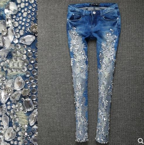 spring autumn fashion Rhinestones Diamond skinny Women Denim Jeans Skinny Slim Stretch Pencil jeans - LiveTrendsX