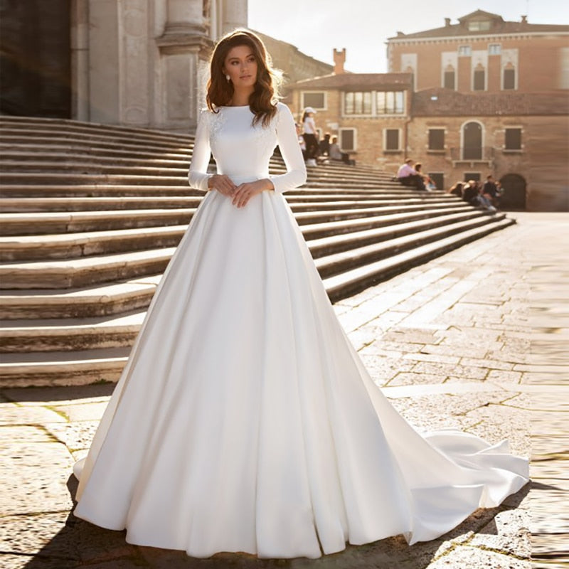 A-line Wedding Dress Ivory Satin Wedding Gowns Elegant Long Sleeve Bride Dress Abito Da Sposa 2020 - LiveTrendsX