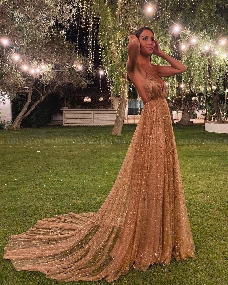 Glitter Sequin Rose Gold Long Prom Dresses 2020 Sexy Spaghetti Straps Backless Arabic Evening Gowns Women Formal Party Dress - LiveTrendsX