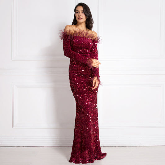 Burgundy Shiny Sequin Feather Velvet Party Dress Long Sleeve Bodycon Stretchy Slash Neck Floor Length Mermaid Dress Black Green - LiveTrendsX