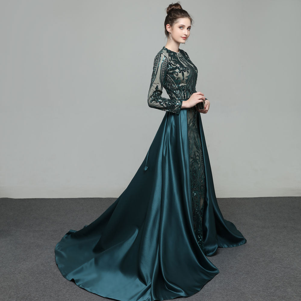 Hot sale Elegant Muslim Green Long Sleeves Evening Dresses With Detachable Train Sequin Bling Moroccan Kaftan Formal Party Gown - LiveTrendsX