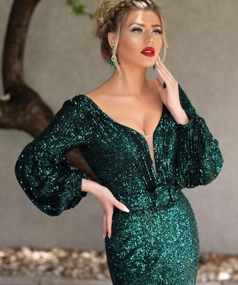 Green Muslim Evening Dresses Long 2020 V-Neck Full Sleeves Sexy Backless Formal Mermaid Evening Gowns - LiveTrendsX