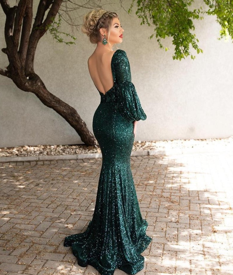 Green Muslim Evening Dresses Long 2020 V-Neck Full Sleeves Sexy Backless Formal Mermaid Evening Gowns - LiveTrendsX