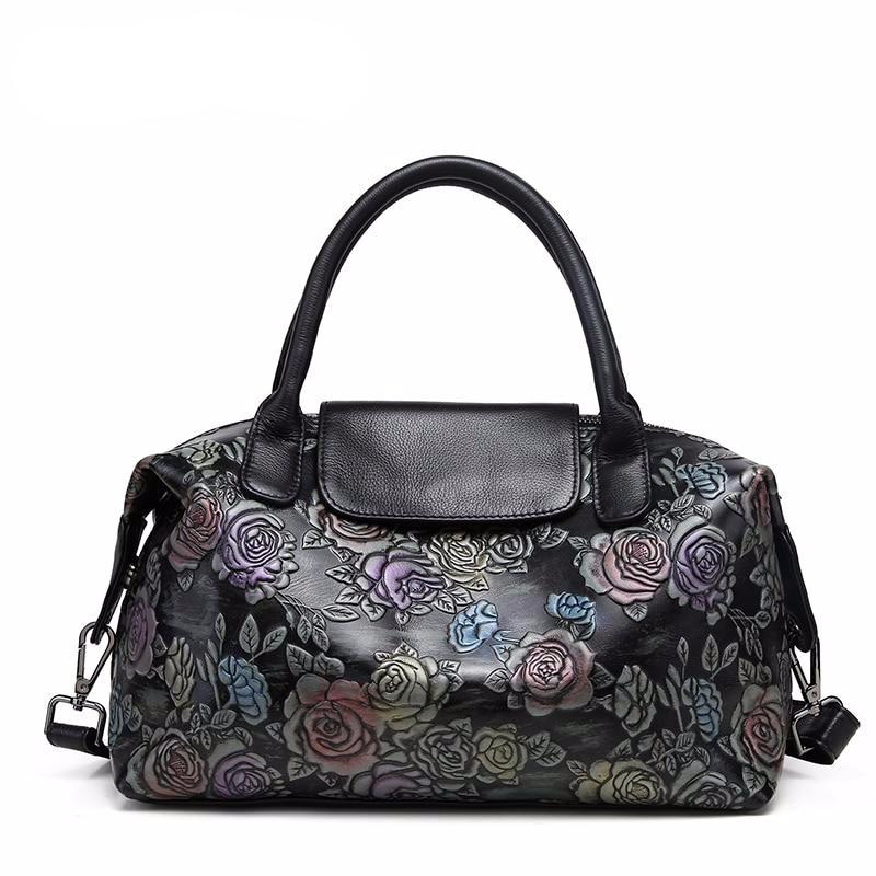 Genuine Leather Women Floral Print Handbag Ladies Cowhide Leather Tote Bag Fashion Design Special Women Shoulder Bag - LiveTrendsX