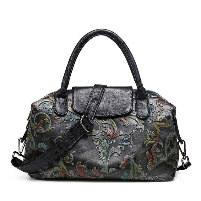 Genuine Leather Women Floral Print Handbag Ladies Cowhide Leather Tote Bag Fashion Design Special Women Shoulder Bag - LiveTrendsX