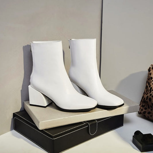 women shoes newest genuine leather high quality high square heel zipper square toe fashion black and white ankle boots - LiveTrendsX